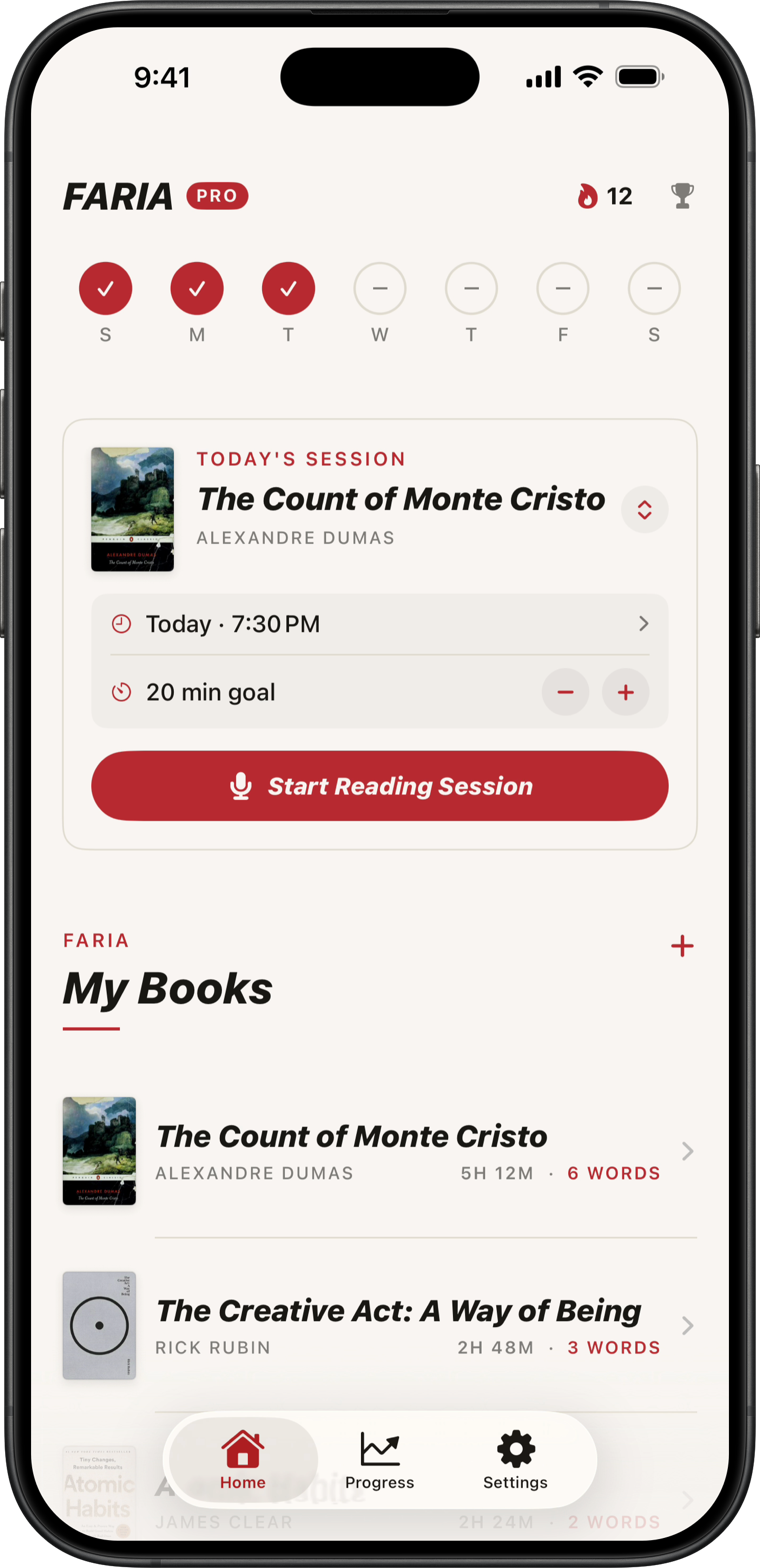 Faria home screen showing a daily reading session and streak