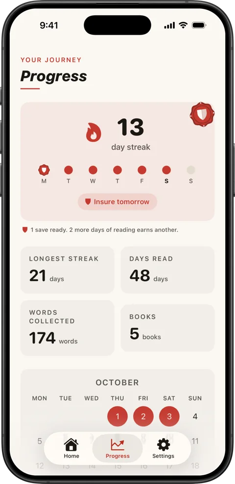 Progress: a 13 day streak with a missed day covered by a streak save