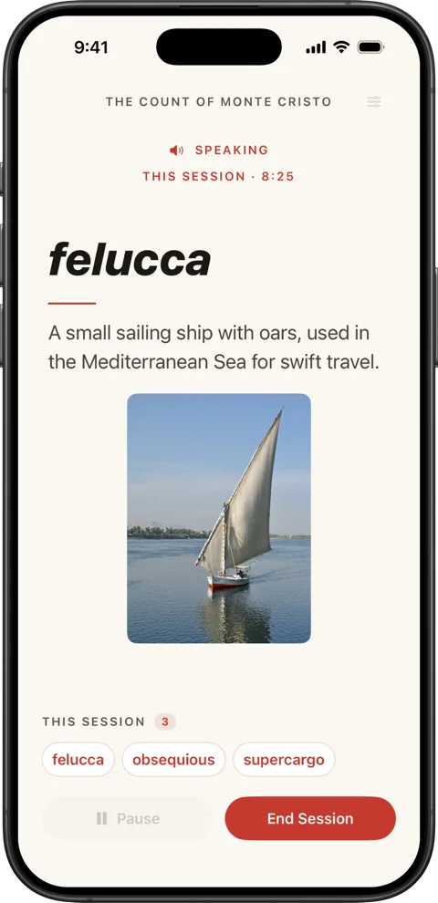 A Faria session on The Count of Monte Cristo defining felucca, a small sailing ship, with a photo of one