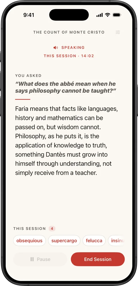 Faria answering the question “What does the abbé mean when he says philosophy cannot be taught?”