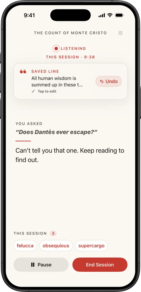 A line read aloud during a session, saved with an Undo button
