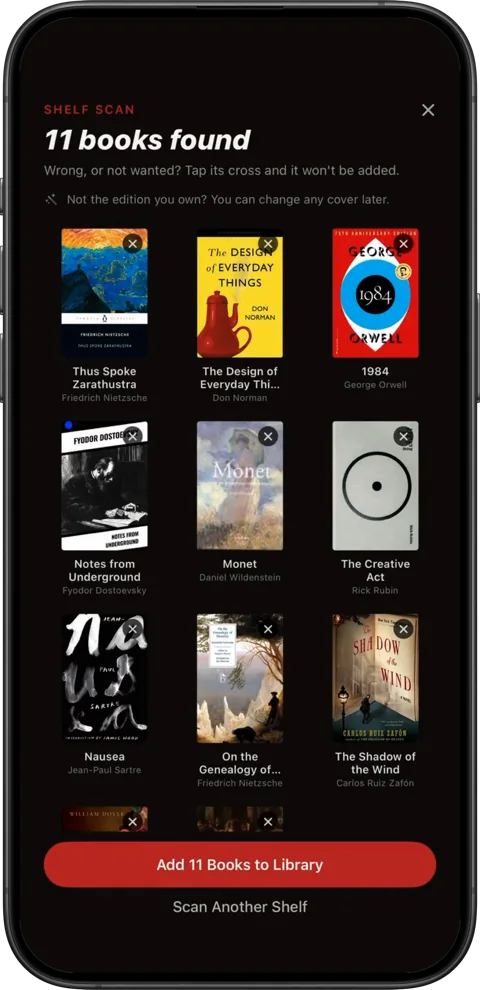 Shelf scan results: 11 books found, with an Add 11 Books to Library button